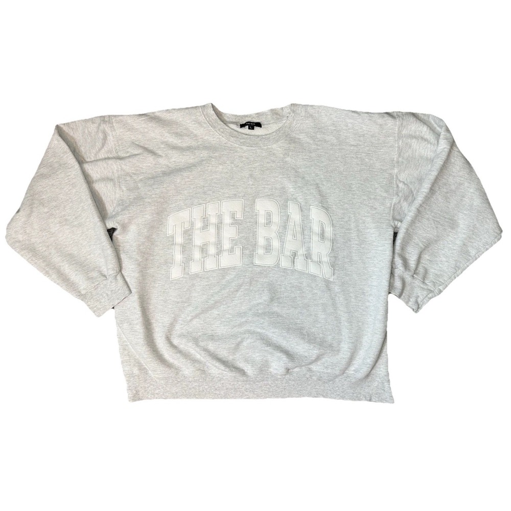 THE BAR Women's LARGE Varsity Sweatshirt Light Heather Grey White Logo Pullover